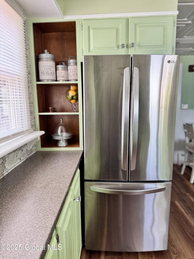 302 Pennsylvania Ave, Johnstown, NY 12095 - kitchen with freestanding refrigerator, green cabinets, dark wood-type flooring, and open shelves