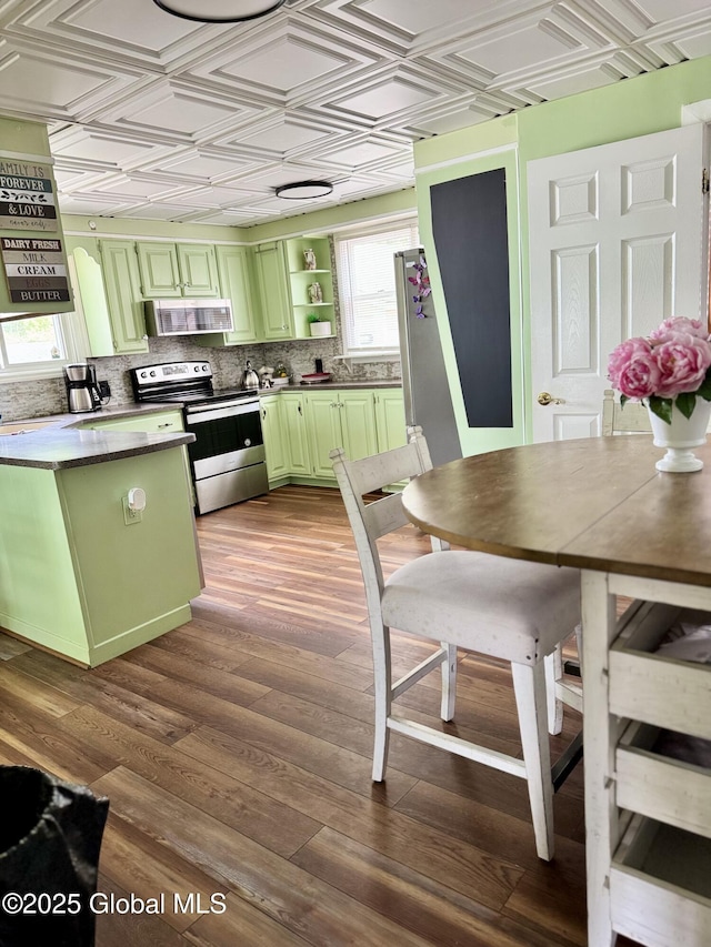302 Pennsylvania Ave, Johnstown, NY 12095 - kitchen with green cabinets, stainless steel appliances, an ornate ceiling, open shelves, and tasteful backsplash