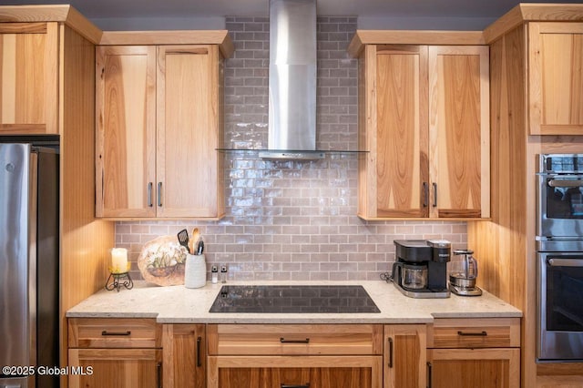 60AND0 Federal Hill Rd, Bolton, NY 12814 - kitchen featuring appliances with stainless steel finishes, wall chimney exhaust hood, backsplash, and light stone countertops