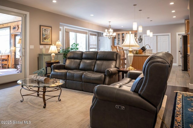 60AND0 Federal Hill Rd, Bolton, NY 12814 - living room with recessed lighting, a chandelier, and light wood finished floors