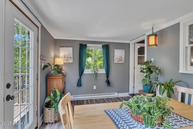 3287 Ny Highway 43, Sand Lake, NY 12018 - entryway with a baseboard heating unit, wood finished floors, crown molding, and baseboards