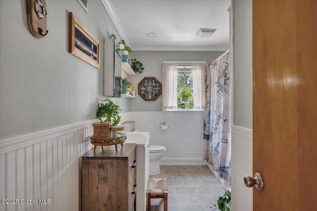 3287 Ny Highway 43, Sand Lake, NY 12018 - bathroom with vanity, toilet, wainscoting, crown molding, and a shower with shower curtain