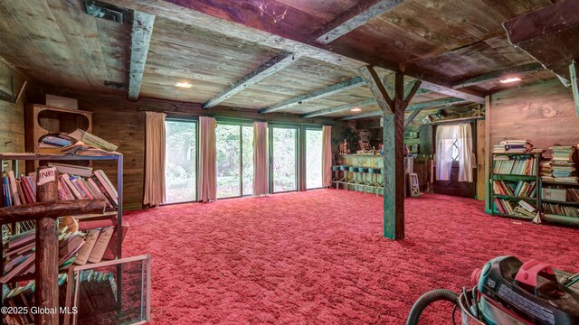 824 County Highway 106, Mayfield, NY 12010 - carpeted living room with wood ceiling and wooden walls