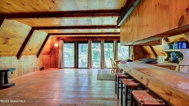 824 County Highway 106, Mayfield, NY 12010 - dining room featuring wooden ceiling, light wood-style floors, and wood walls