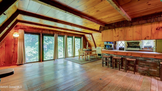 824 County Highway 106, Mayfield, NY 12010 - kitchen with hardwood / wood-style floors, wooden ceiling, and wooden walls