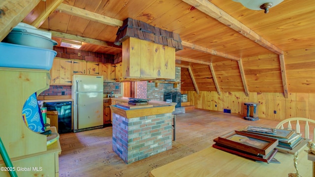 824 County Highway 106, Mayfield, NY 12010 - kitchen with freestanding refrigerator, wood ceiling, light wood-style floors, wooden walls, and black dishwasher