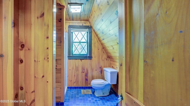 824 County Highway 106, Mayfield, NY 12010 - bathroom featuring toilet, wood walls, and lofted ceiling