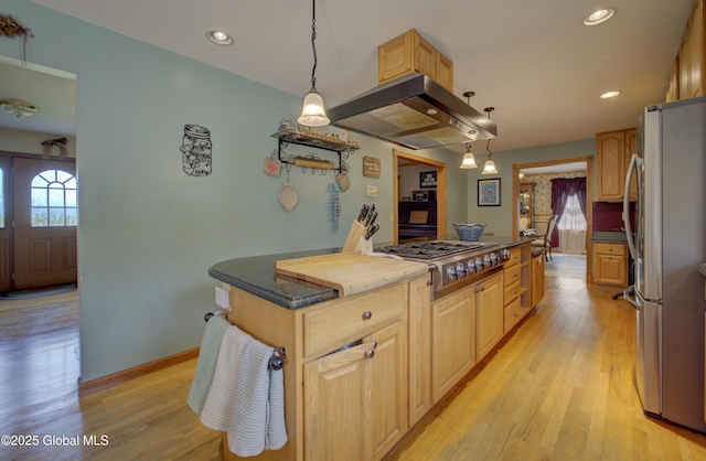 540 Mohawk Dr, Mohawk, NY 12068 - kitchen featuring stainless steel appliances, island range hood, light wood-style floors, a center island, and recessed lighting