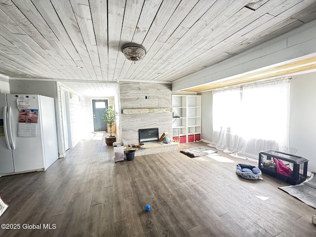 351 Gansevoort Rd, Moreau, NY 12828 - unfurnished living room featuring a stone fireplace, wood finished floors, and wooden ceiling