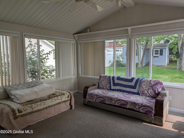 2714 Magnolia St, Endicott, NY 13760 - sunroom with a ceiling fan, vaulted ceiling, plenty of natural light, carpet floors, and wood walls