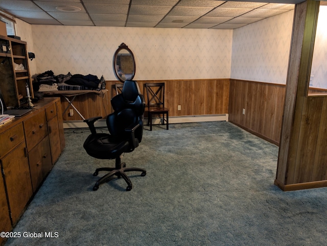 2714 Magnolia St, Endicott, NY 13760 - office space with wallpapered walls, dark colored carpet, a wainscoted wall, a paneled ceiling, and a baseboard heating unit