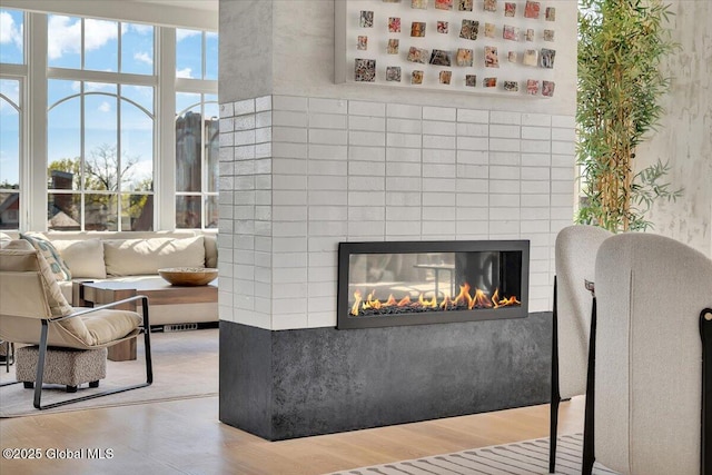 268 Broadway Unit 607, Saratoga Springs, Inside, NY 12866 - living area featuring wood finished floors and a multi sided fireplace