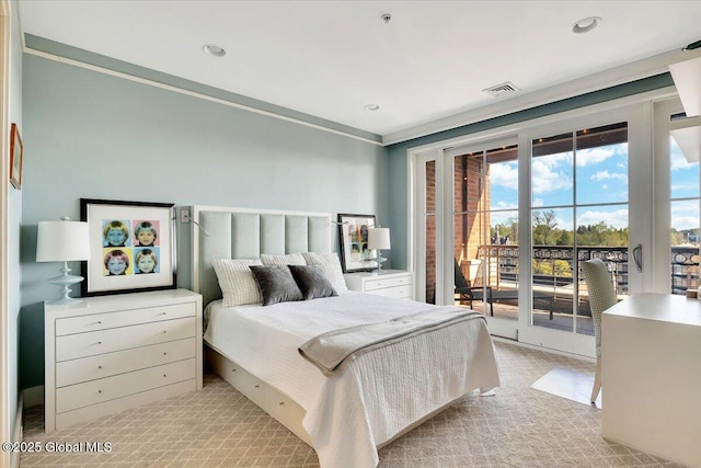 268 Broadway Unit 607, Saratoga Springs, Inside, NY 12866 - bedroom with access to exterior, light colored carpet, and recessed lighting