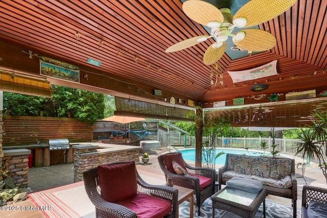 92 Fiddlers Ln, Colonie, NY 12110 - fenced backyard with an outdoor hangout area, a ceiling fan, and a patio area