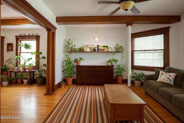 3 Grove St, Bethlehem, NY 12054 - living area with beamed ceiling, wood finished floors, a ceiling fan, and baseboards