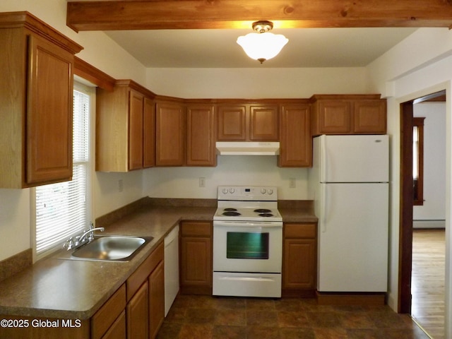 3 Grove St, Bethlehem, NY 12054 - kitchen featuring white appliances, under cabinet range hood, a sink, plenty of natural light, and beam ceiling