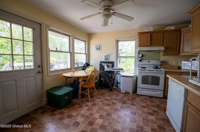 3 Grove St, Bethlehem, NY 12054 - kitchen with white appliances, light countertops, under cabinet range hood, and ceiling fan