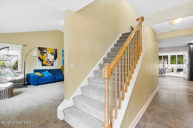 32 Kara Ln, Clifton Park, NY 12065 - stairs with vaulted ceiling, baseboards, tile patterned flooring, and carpet flooring