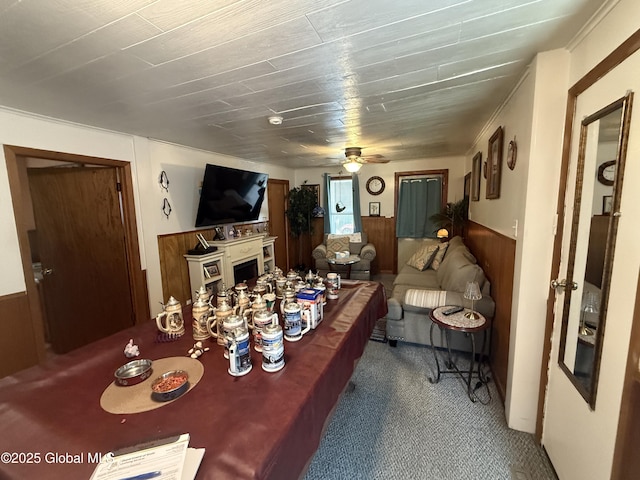 32 5th Ave, Gloversville, NY 12078 - carpeted living room featuring ceiling fan, a fireplace, wainscoting, and wooden walls