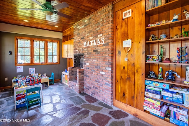 1269 Hawthorn Rd, Niskayuna, NY 12309 - game room with ceiling fan, wood walls, wooden ceiling, and stone finish floors