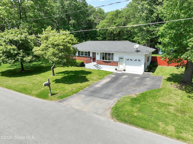 44 St Jude Ln, Glenville, NY 12302 - single story home with a garage, asphalt driveway, a view of trees, brick siding, and a shingled roof