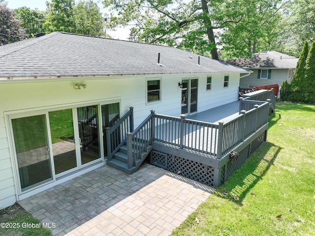 44 St Jude Ln, Glenville, NY 12302 - rear view of property with a lawn, a shingled roof, a deck, and a patio