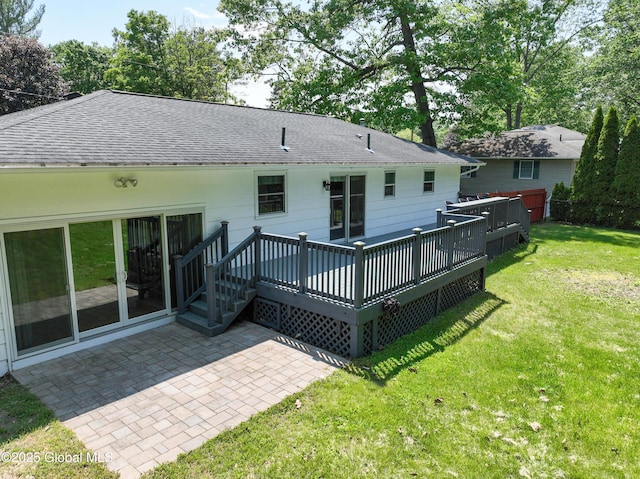 44 St Jude Ln, Glenville, NY 12302 - back of house with a shingled roof, a lawn, a patio area, and a deck