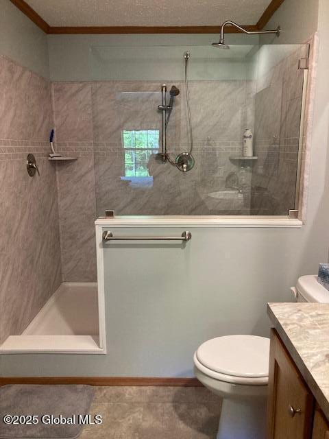 841 Battle Hill Rd, Hague, NY 12836 - full bathroom featuring vanity, tiled shower, tile patterned flooring, and crown molding