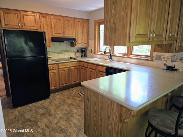 251 Vernon Rd, Glenville, NY 12302 - kitchen featuring black appliances, a sink, a peninsula, under cabinet range hood, and backsplash