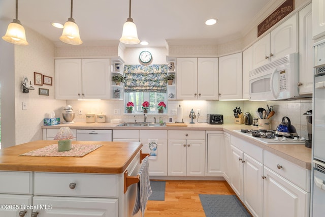 1401 Balltown Rd, Niskayuna, NY 12309 - kitchen with a sink, white appliances, wood counters, backsplash, and recessed lighting