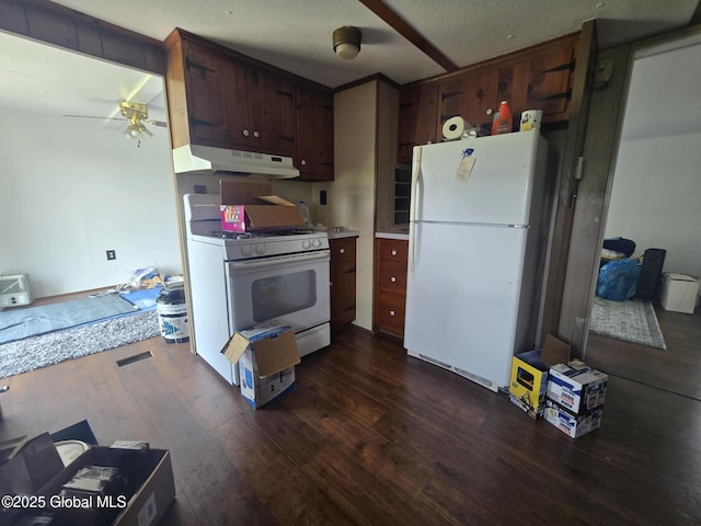 1056 Carlisle Rd, Root, NY 13317 - kitchen with white appliances, under cabinet range hood, dark wood finished floors, ceiling fan, and light countertops