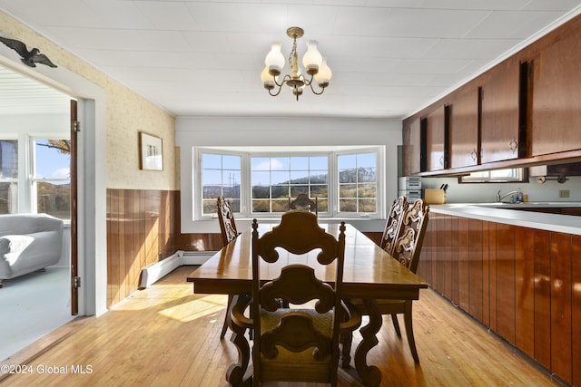 1176 State Highway 41, Afton, NY 13730 - dining space featuring a chandelier, light wood-type flooring, a baseboard heating unit, and a wainscoted wall