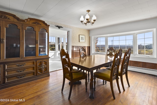 1176 State Highway 41, Afton, NY 13730 - dining area featuring healthy amount of natural light, a chandelier, hardwood / wood-style floors, a baseboard radiator, and wallpapered walls