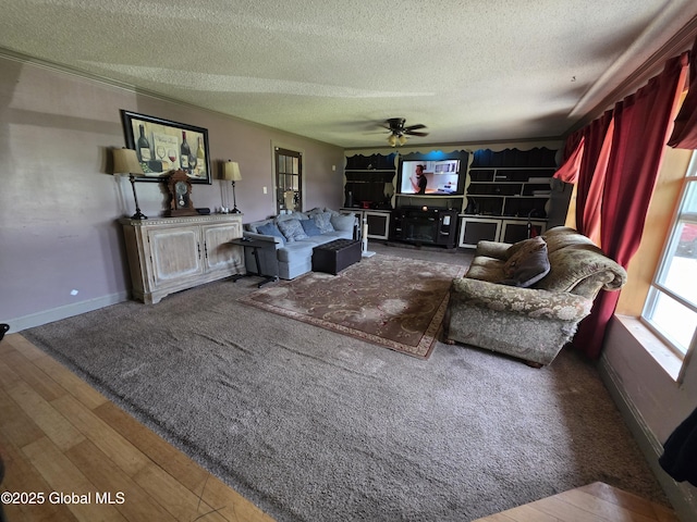 3841 State Highway 30, Mayfield, NY 12010 - living room featuring a textured ceiling, ceiling fan, wood finished floors, and baseboards