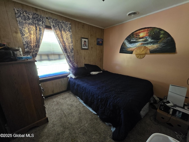 3841 State Highway 30, Mayfield, NY 12010 - carpeted bedroom featuring wooden walls and ornamental molding