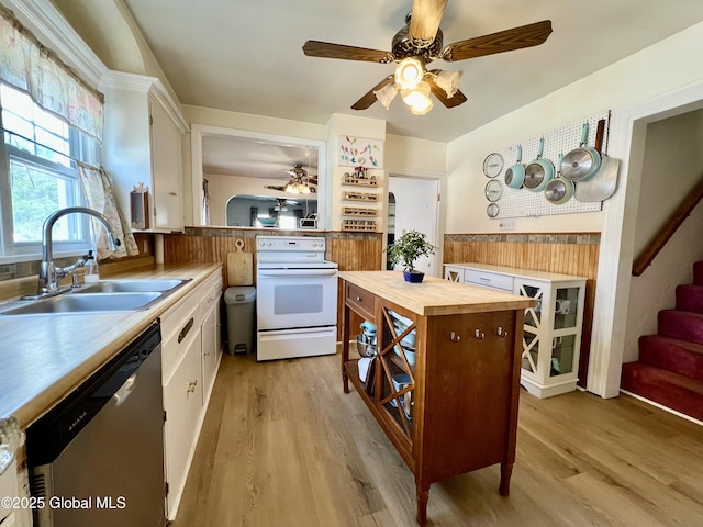 2803 Wellington Ave, Rotterdam, NY 12306 - kitchen with white electric range, a sink, dishwasher, butcher block countertops, and ceiling fan