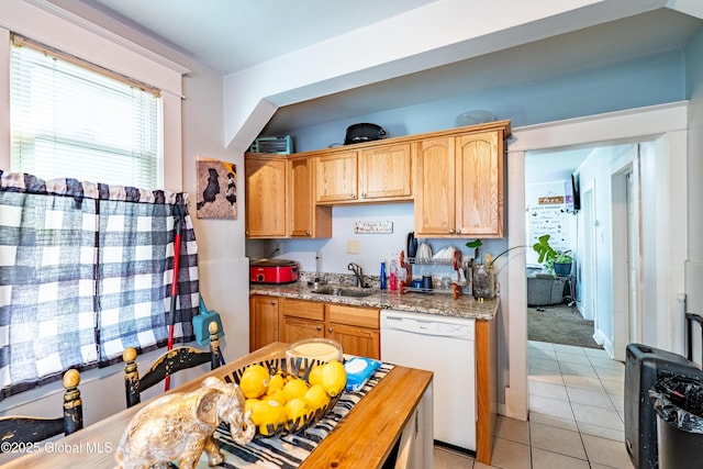 2420 Guilderland Ave, Schenectady, NY 12306 - kitchen with dishwasher, a sink, light tile patterned flooring, and light stone countertops