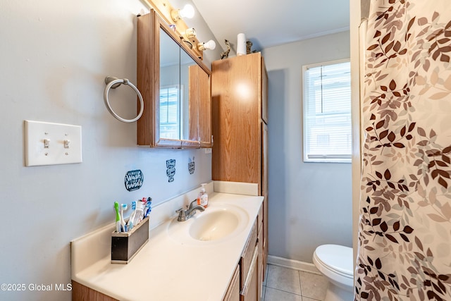 2420 Guilderland Ave, Schenectady, NY 12306 - bathroom with vanity, toilet, tile patterned floors, a shower with shower curtain, and baseboards