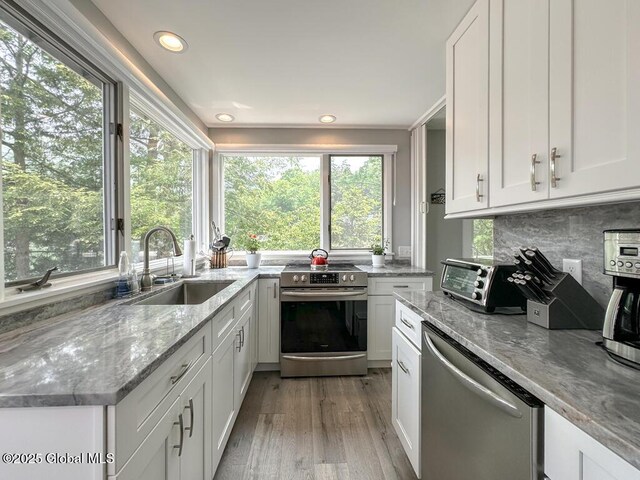 3602 Echo Bay Ln, Fort Ann, NY 12844 - kitchen with stainless steel appliances, light wood-style flooring, light stone counters, white cabinets, and recessed lighting