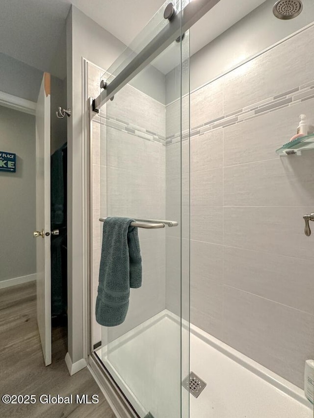 3602 Echo Bay Ln, Fort Ann, NY 12844 - bathroom with a shower stall and wood finished floors