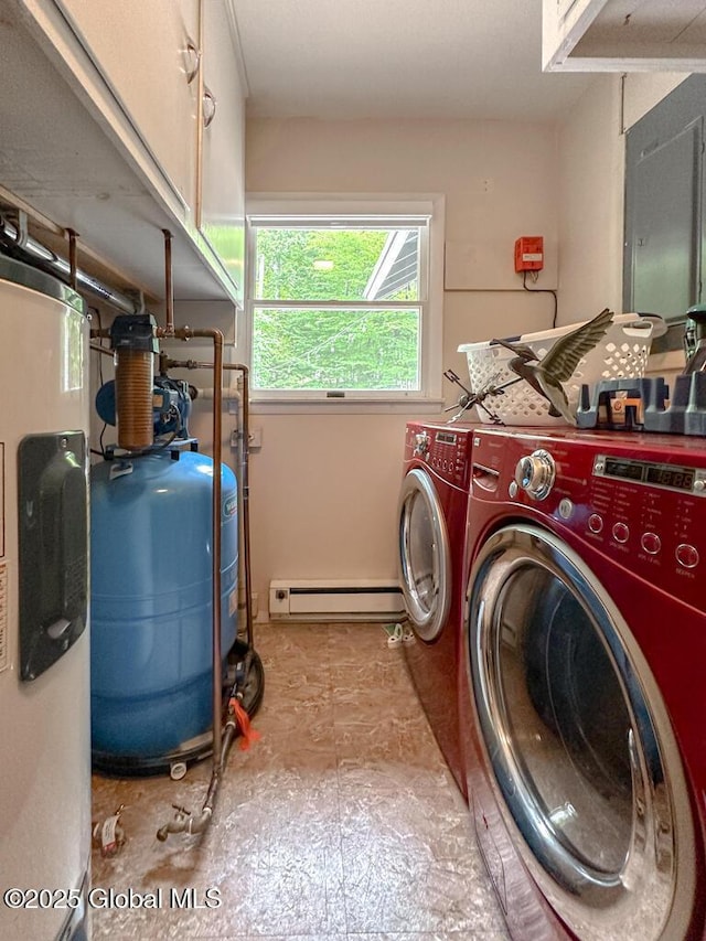3602 Echo Bay Ln, Fort Ann, NY 12844 - laundry room featuring water heater, independent washer and dryer, cabinet space, and a baseboard heating unit