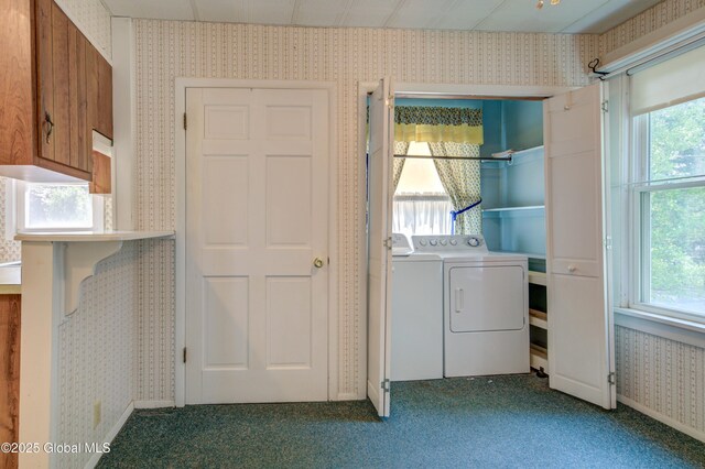 510 S William St, Johnstown, NY 12095 - laundry room with independent washer and dryer, wallpapered walls, and dark carpet