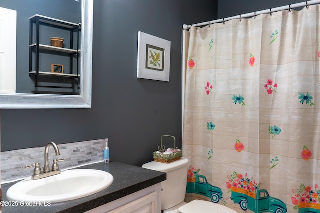 79 Chandler Ln, Greenfield, NY 12859 - bathroom with vanity, backsplash, and curtained shower