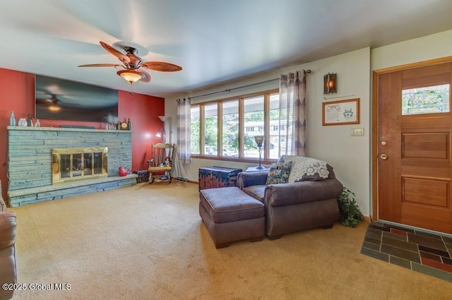 8 Birchtree Ln, Milton, NY 12020 - living room with carpet flooring, a ceiling fan, a fireplace, and baseboards