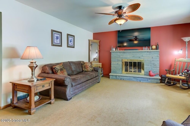 8 Birchtree Ln, Milton, NY 12020 - carpeted living room featuring ceiling fan and a fireplace