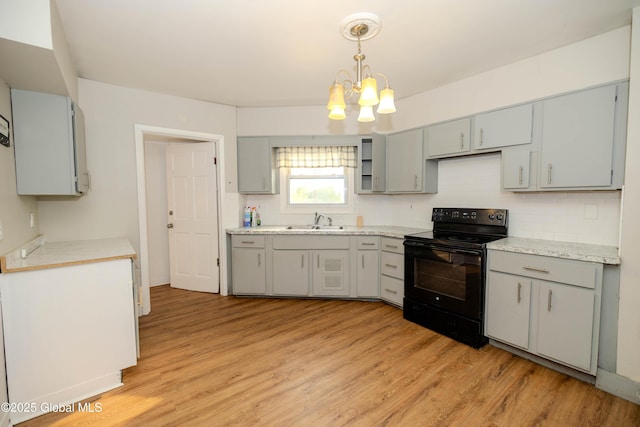 1374 10th Ave, Schenectady, NY 12303 - kitchen with black / electric stove, gray cabinetry, a sink, a chandelier, and backsplash