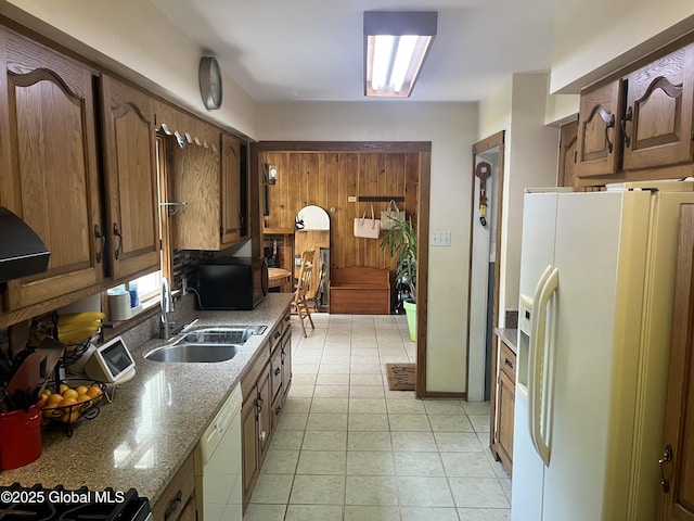 6 Pine Rd, Moreau, NY 12803 - kitchen with white appliances, a sink, dark stone counters, and ventilation hood