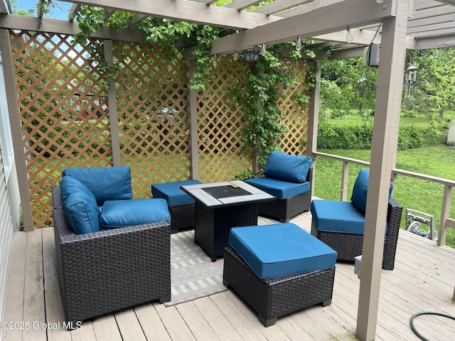 6 Pine Rd, Moreau, NY 12803 - wooden deck with an outdoor living space, a pergola, and a lawn