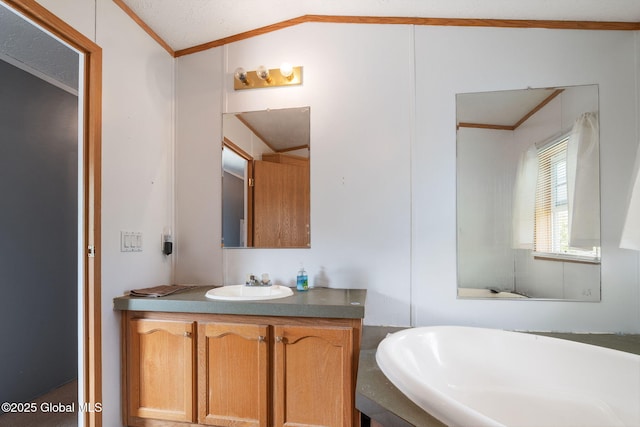 131 Abrams Rd, Wright, NY 12023 - full bath with crown molding, vaulted ceiling, vanity, and a bathtub