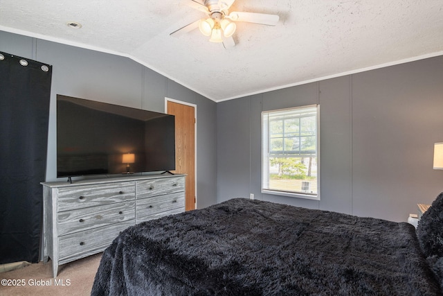 131 Abrams Rd, Wright, NY 12023 - bedroom with carpet floors, lofted ceiling, ornamental molding, a textured ceiling, and ceiling fan